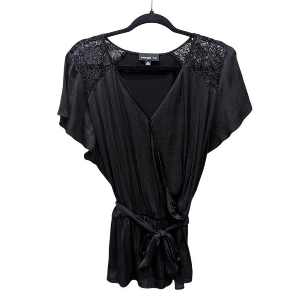 FORTUNE + IVY Birdie Faux Wrap Mixed Material Blouse - Picture 2 of 4